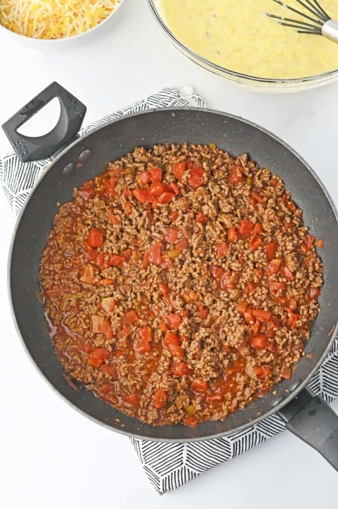 ground beef and Rotel in skillet