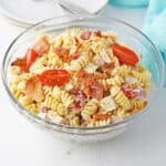 chicken bacon ranch pasta salad in glass bowl