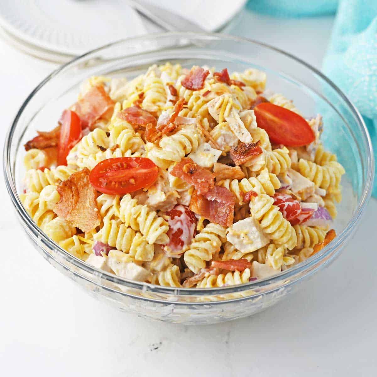 chicken bacon ranch pasta salad in glass bowl