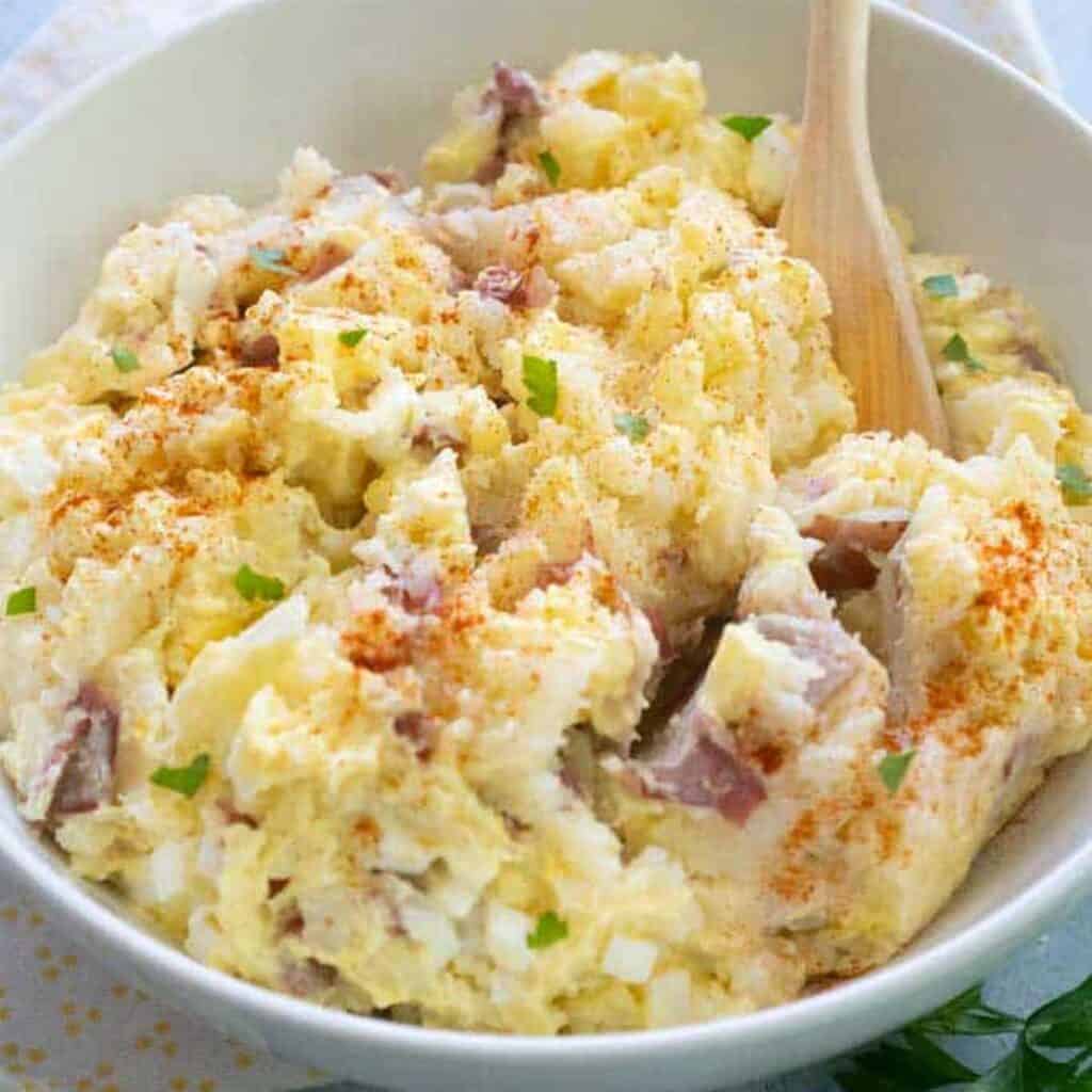 white bowl of southern potato salad