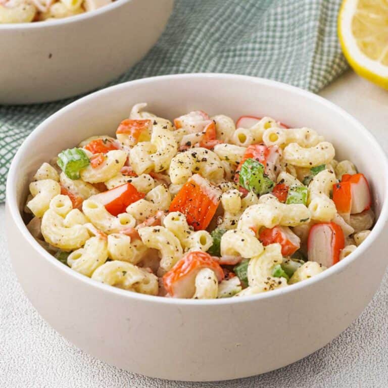 seafood pasta salad in white bowl