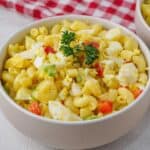 white bowl with Amish macaroni salad