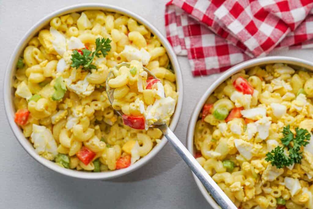 two bowls of Amish pasta salad seen from above