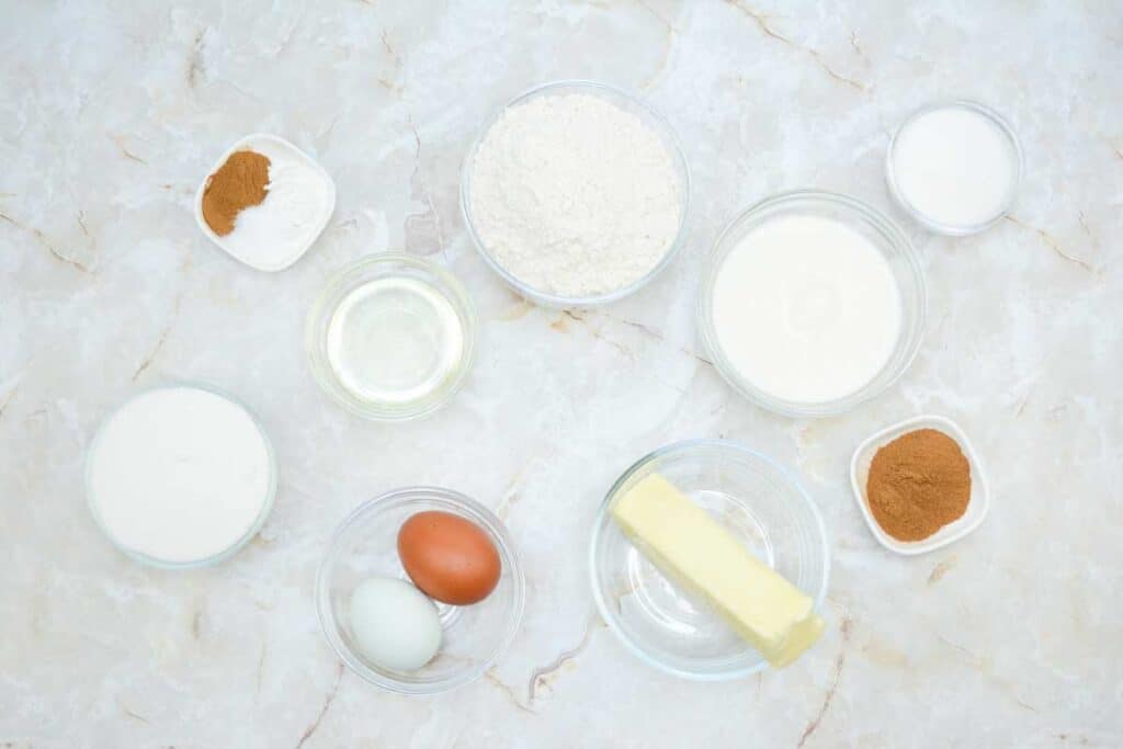 churro cupcake ingredients on marble counter