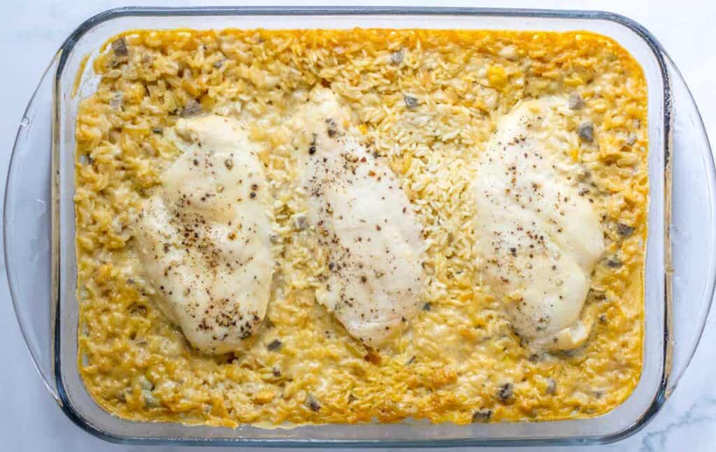 no peek chicken and rice casserole in baking dish