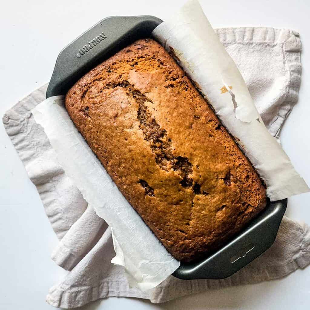 pumpkin spice bread in pan after baking