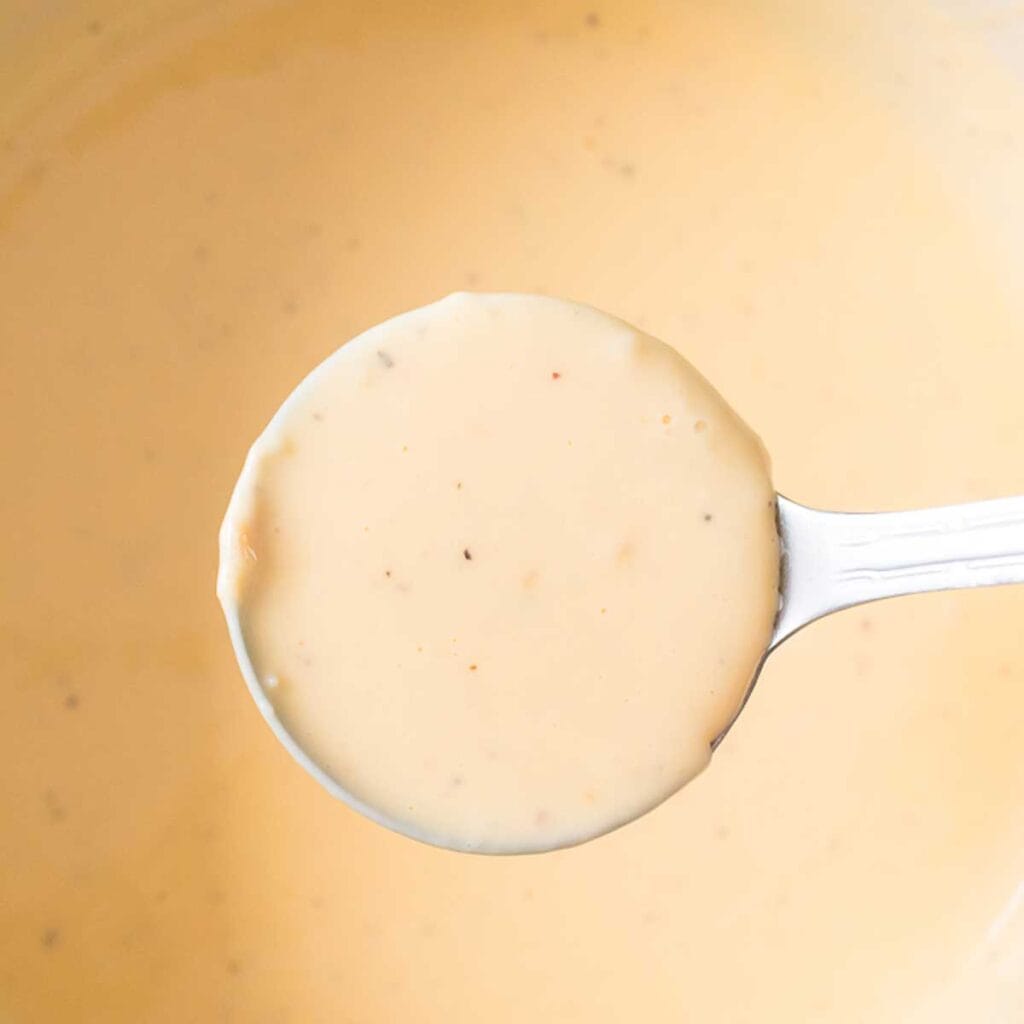 ladle of Velveeta cheese sauce