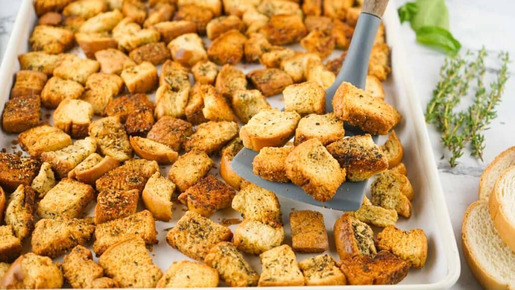 homemade sourdough croutons after baking