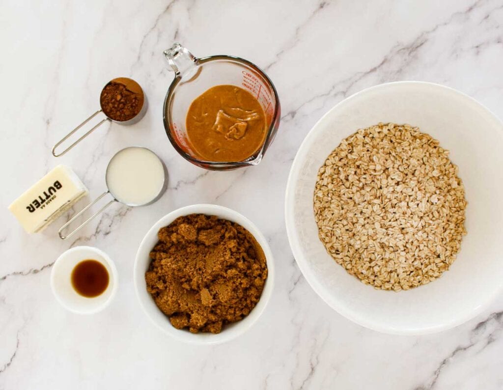 Chocolate Peanut Butter No-Bake Cookie ingredients on marble countertop