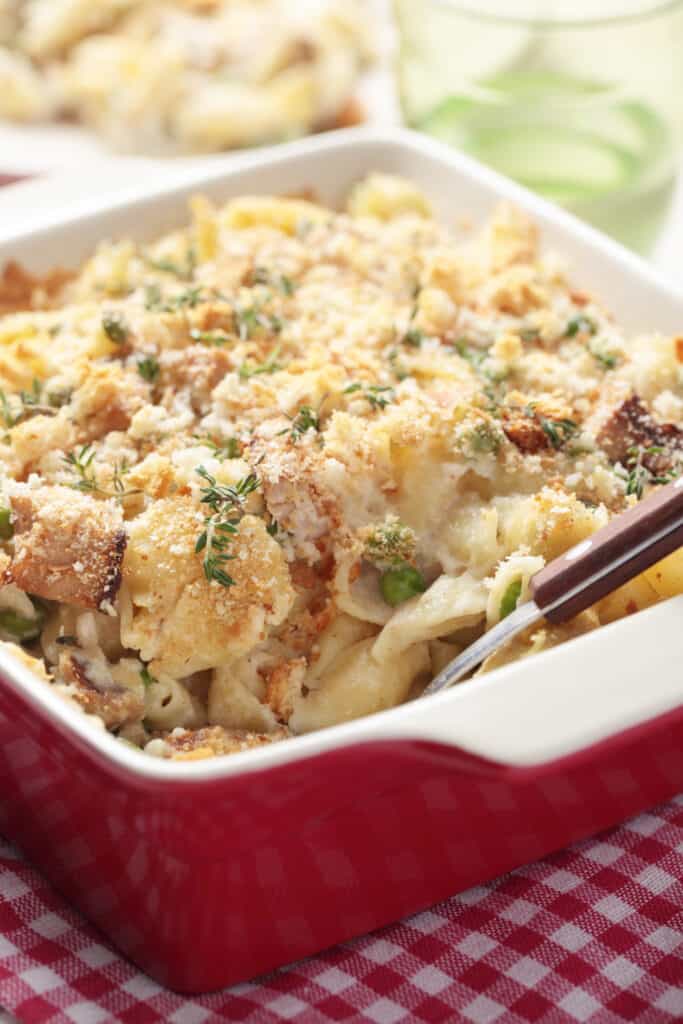 tuna casserole in red baking dish