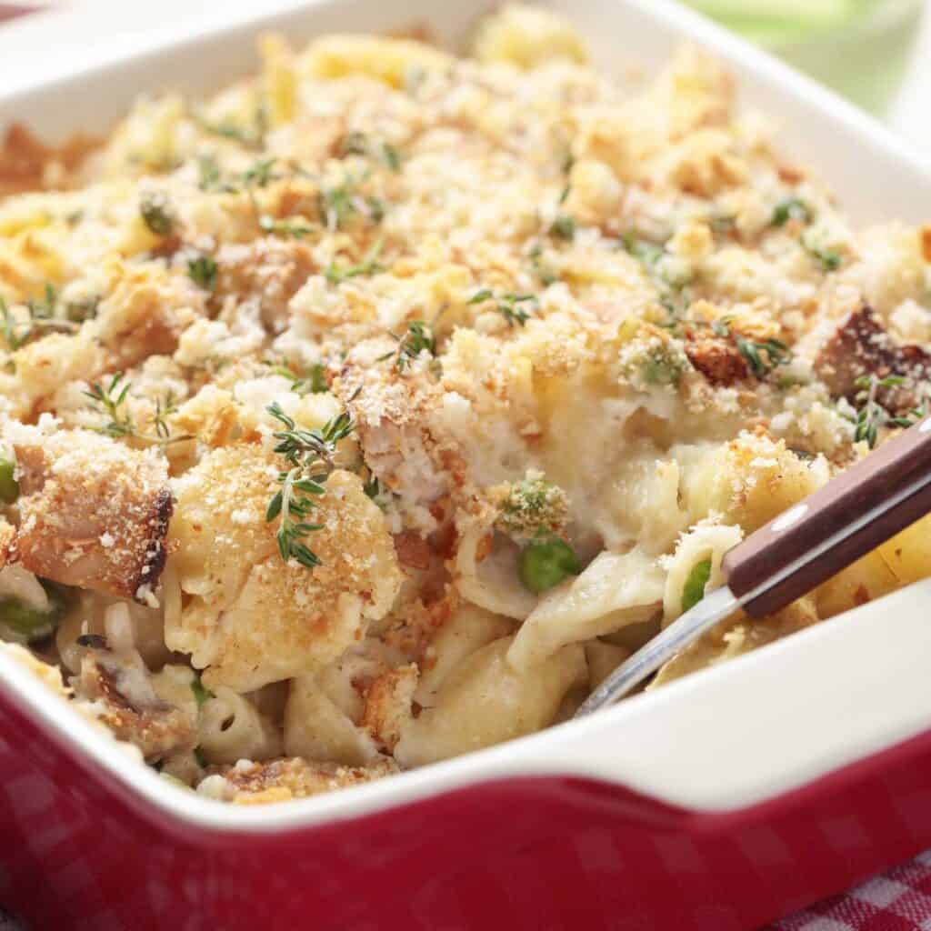 tuna casserole in red baking dish