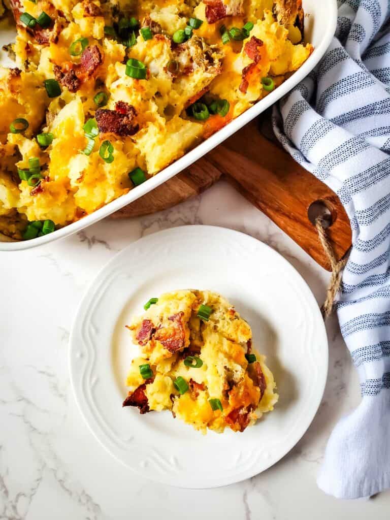 twice baked potato casserole on white plate 