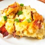 twice baked potato casserole on white plate close up