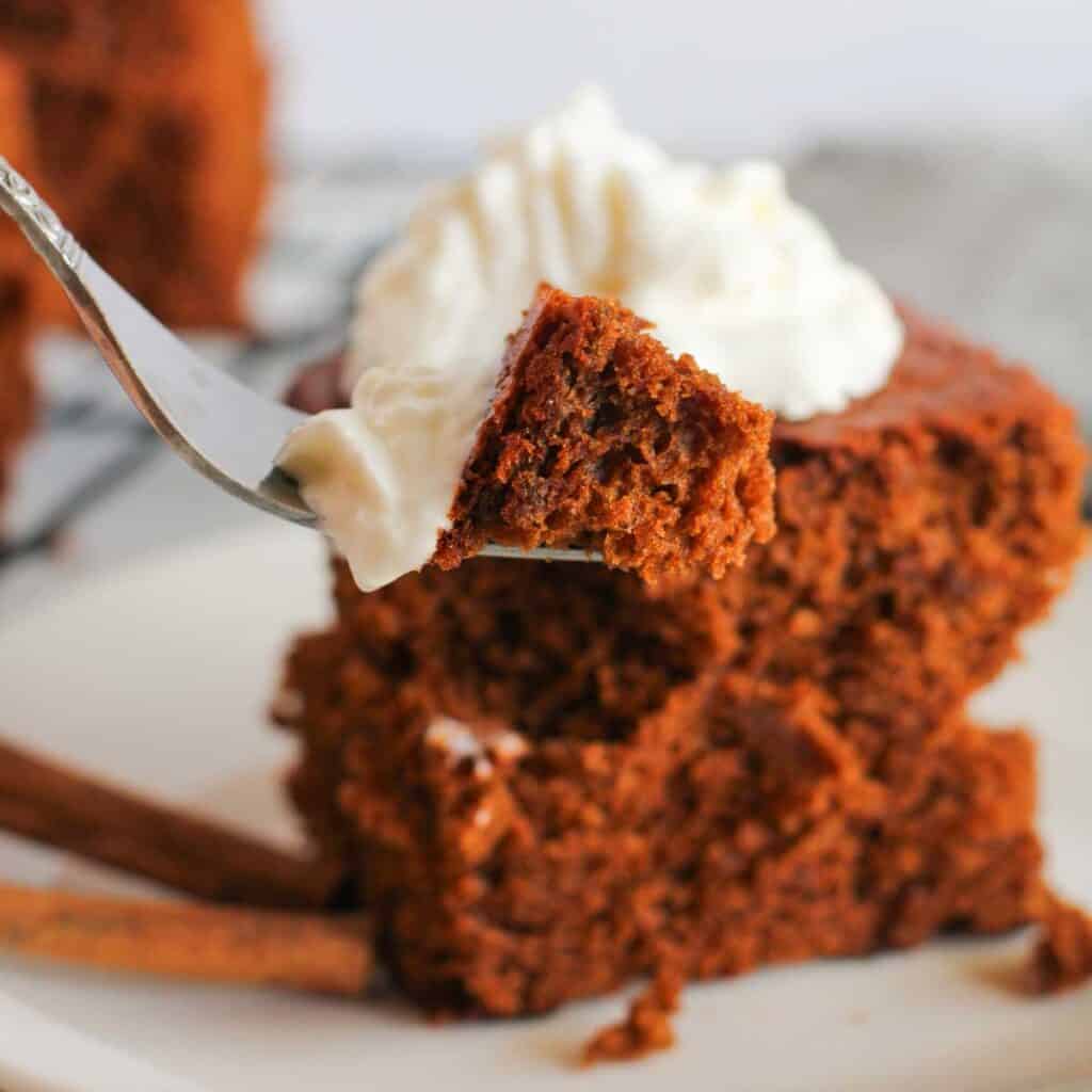 fork with bite of gingerbread cake