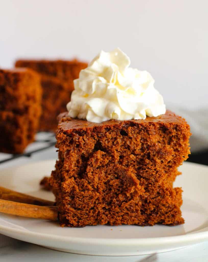 slice of gingerbread cake topped with whipped cream