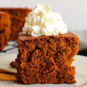 piece of gingerbread cake topped with whipped cream