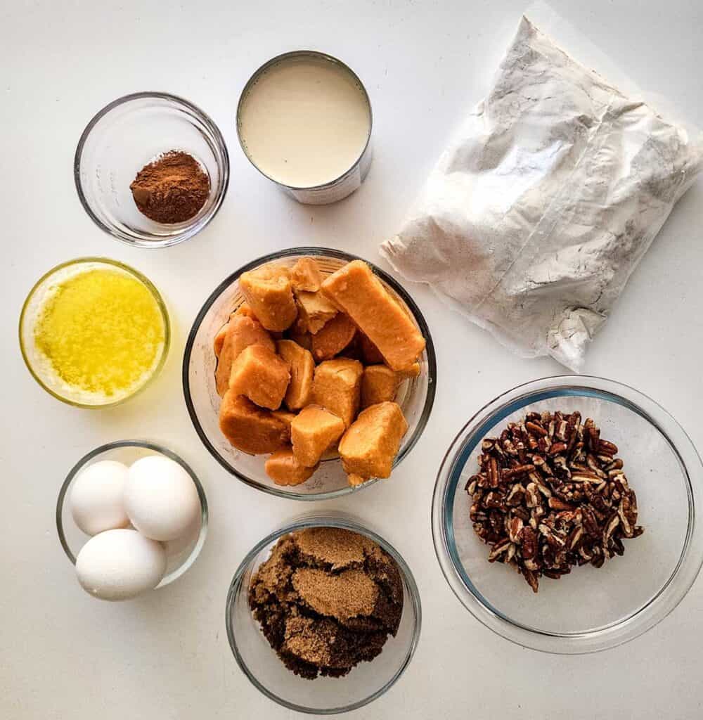 sweet potato dump cake ingredients on white countertop