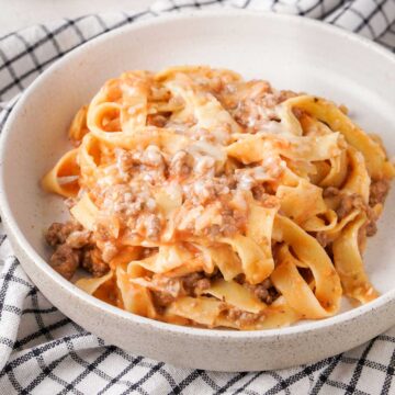 ground beef and noodles in white bowl