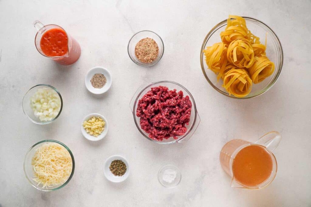 ground beef and noodles ingredients on countertop
