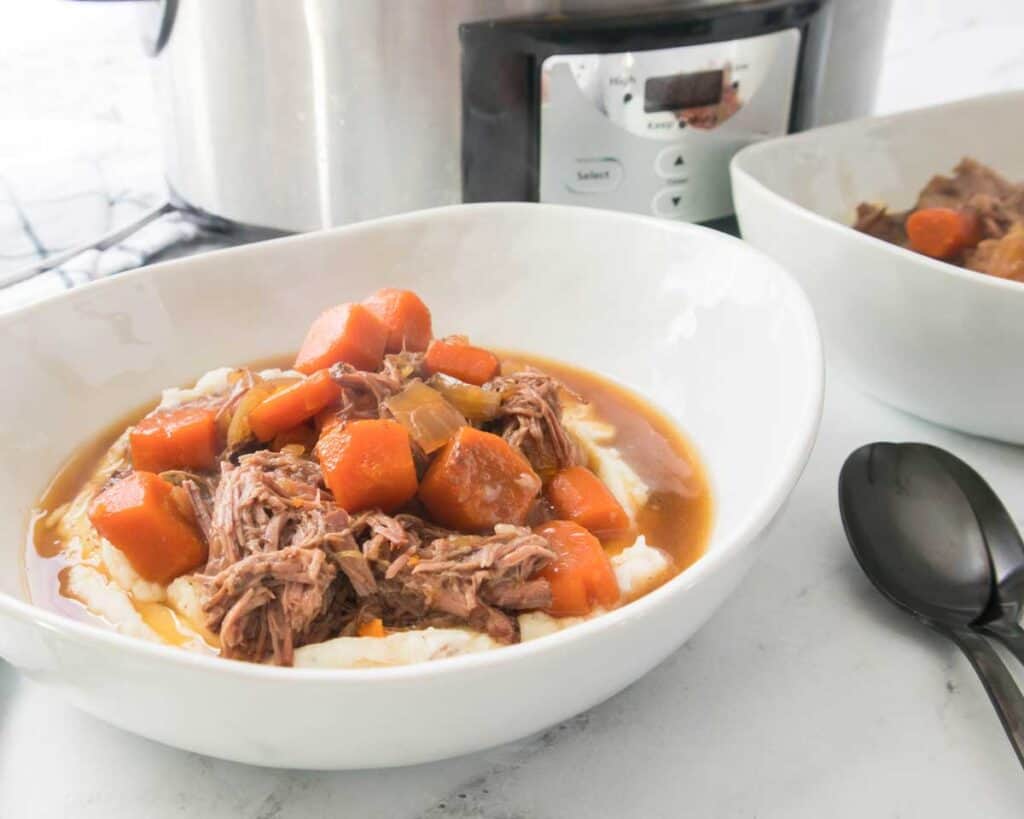 white bowl with pot roast