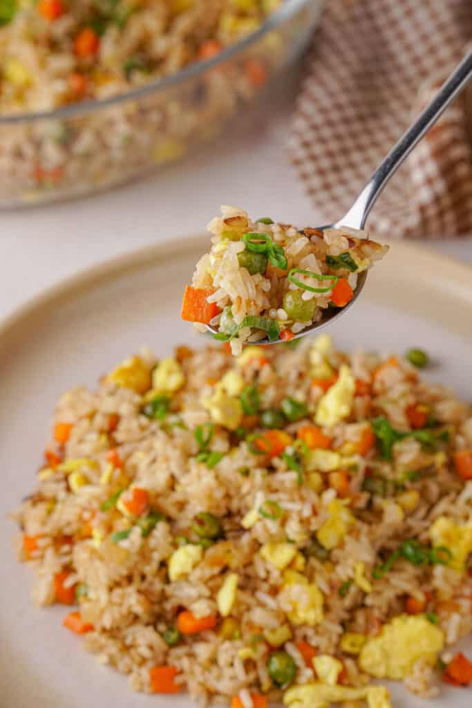 spoonful of egg fried rice over bowl full of rice
