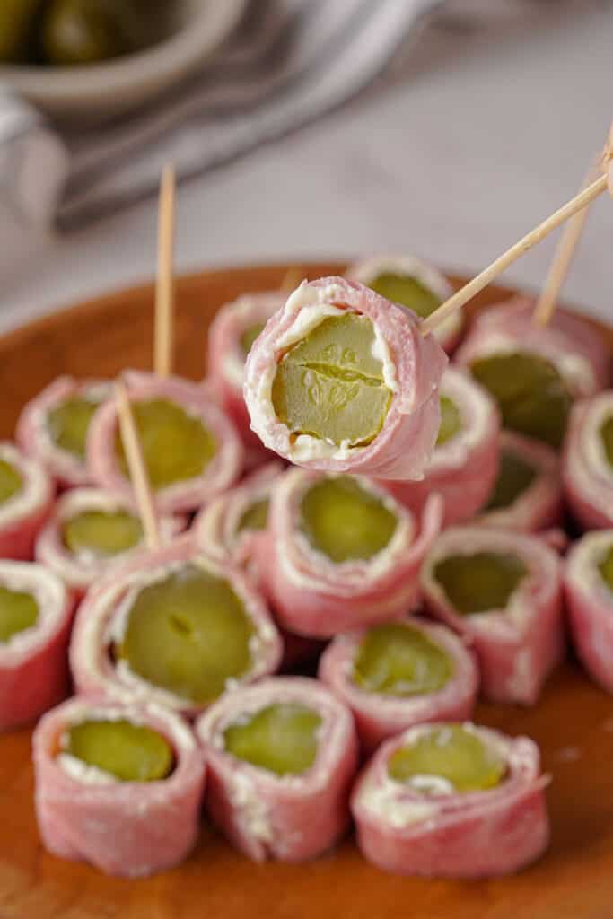 ham and pickle roll-ups on tray