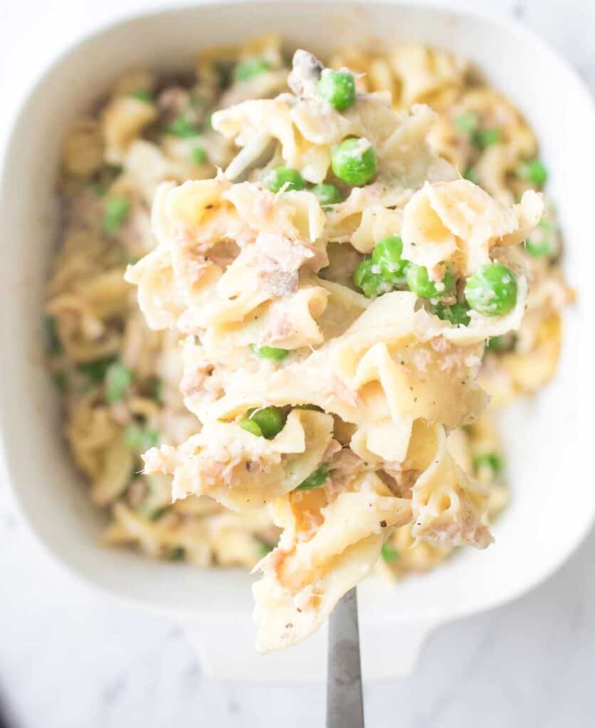 spoonful of tuna casserole over casserole dish