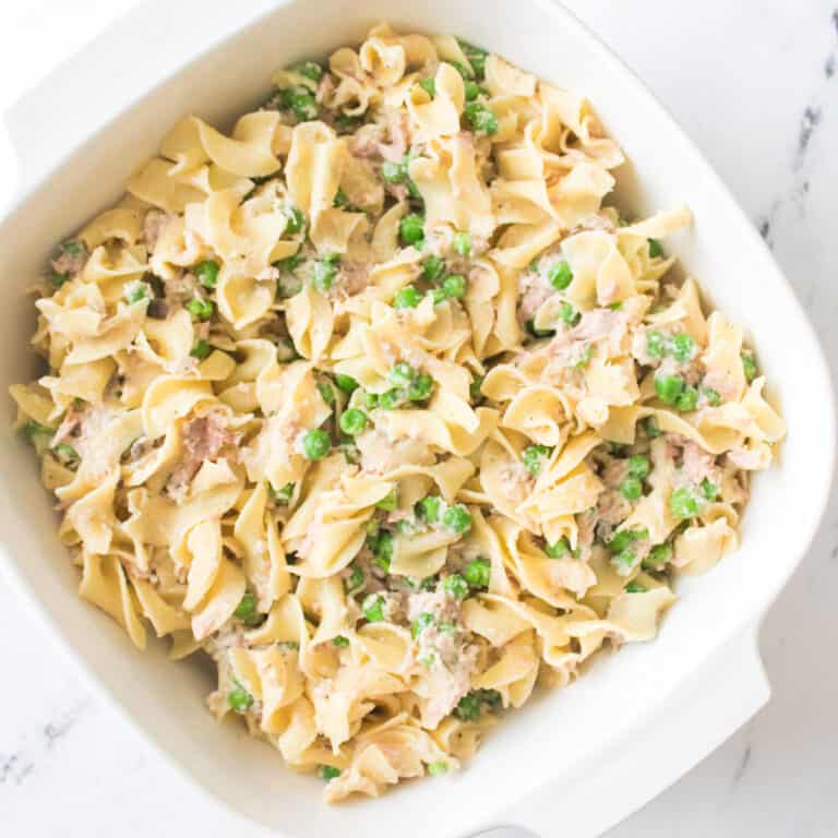 tuna noodle casserole in white baking dish