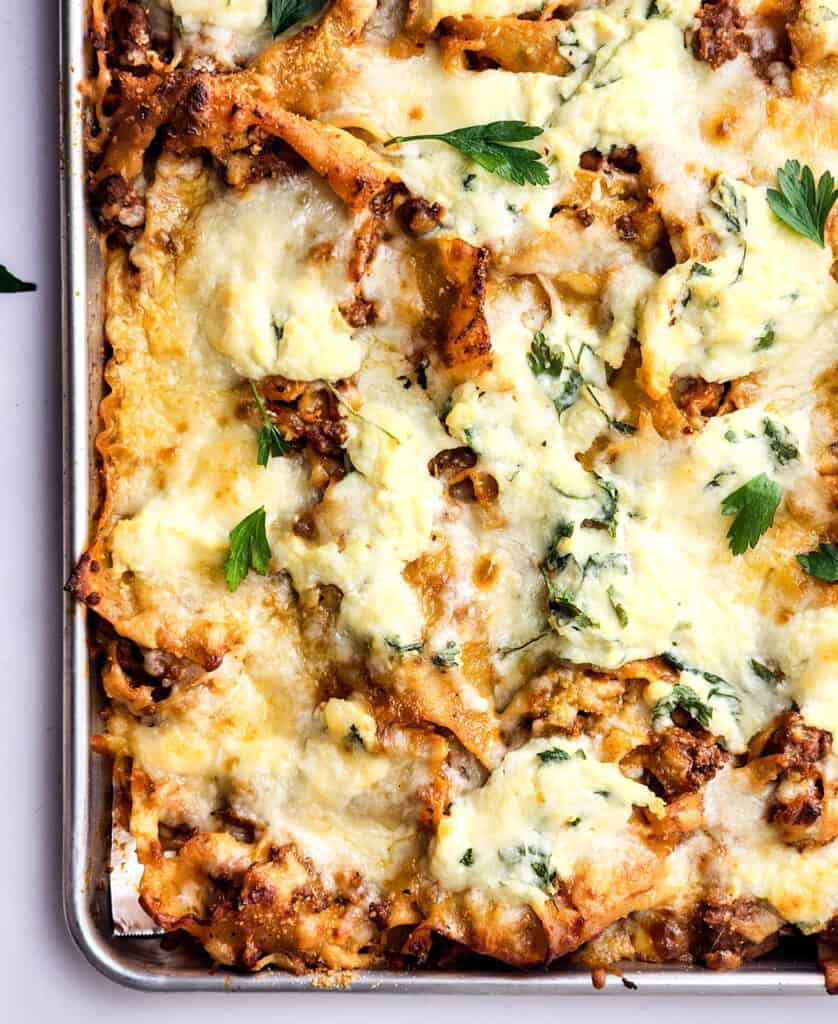 close up of sheet pan lasagna