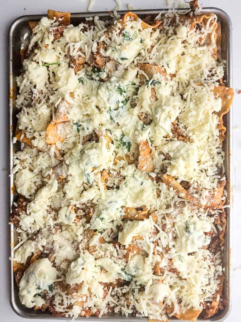 sheet pan lasagna before baking