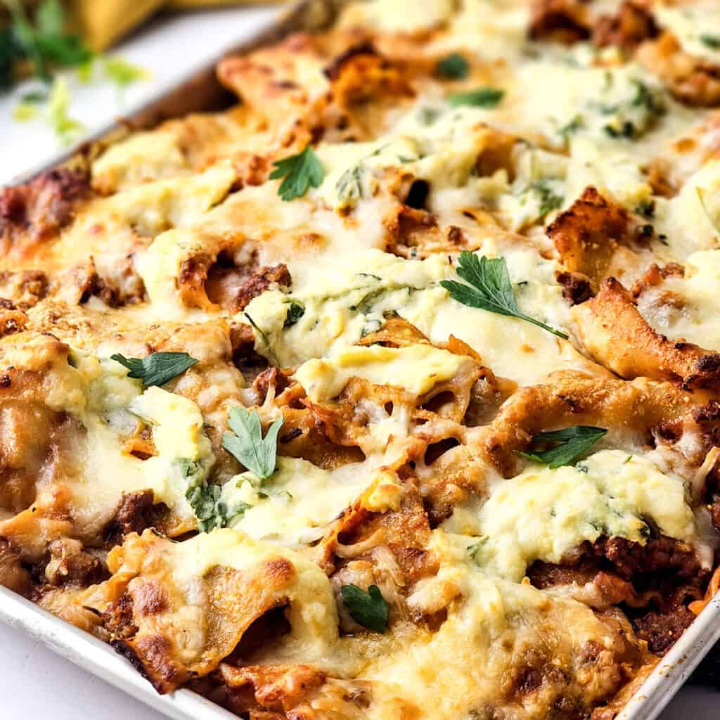 close up of sheet pan lasagna