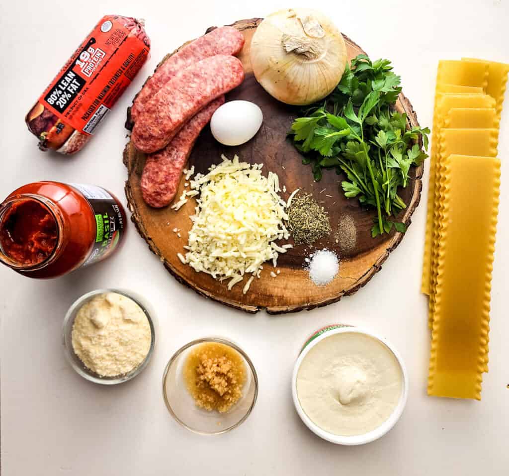 sheet pan lasagna ingredients on countertop