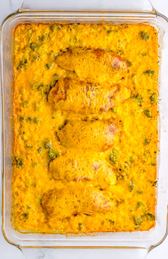 broccoli chicken rice casserole in baking dish