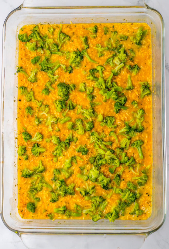 cheesy rice topped with broccoli