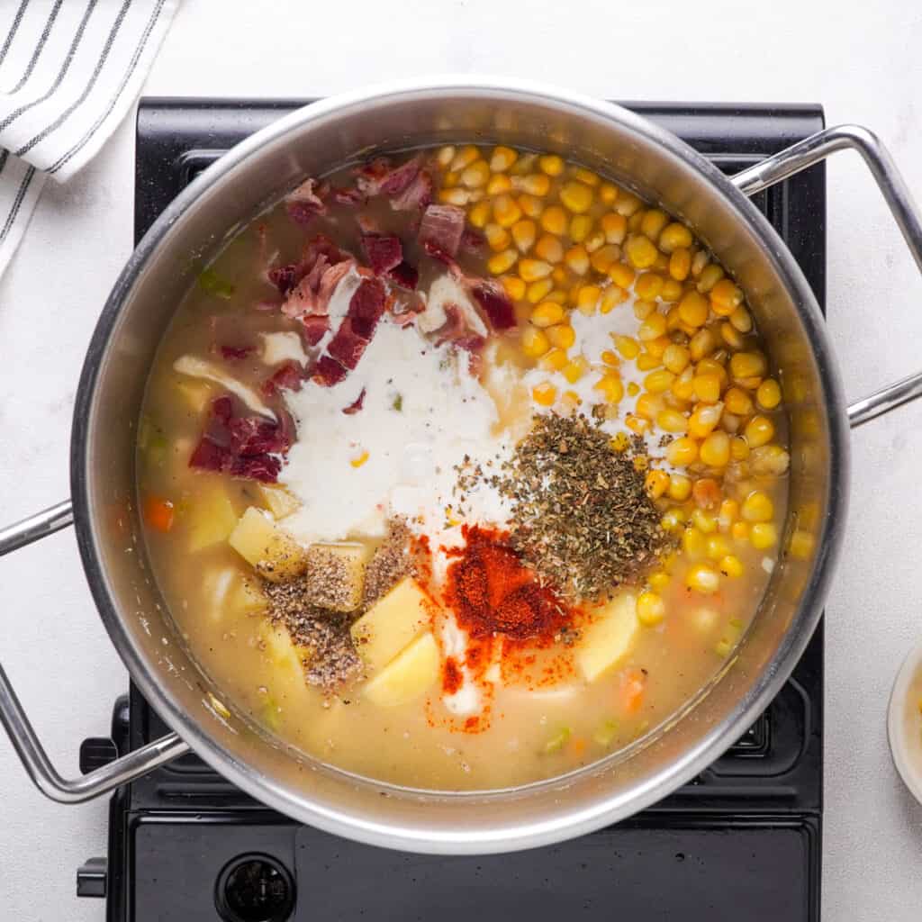 corn chowder ingredients in large pot