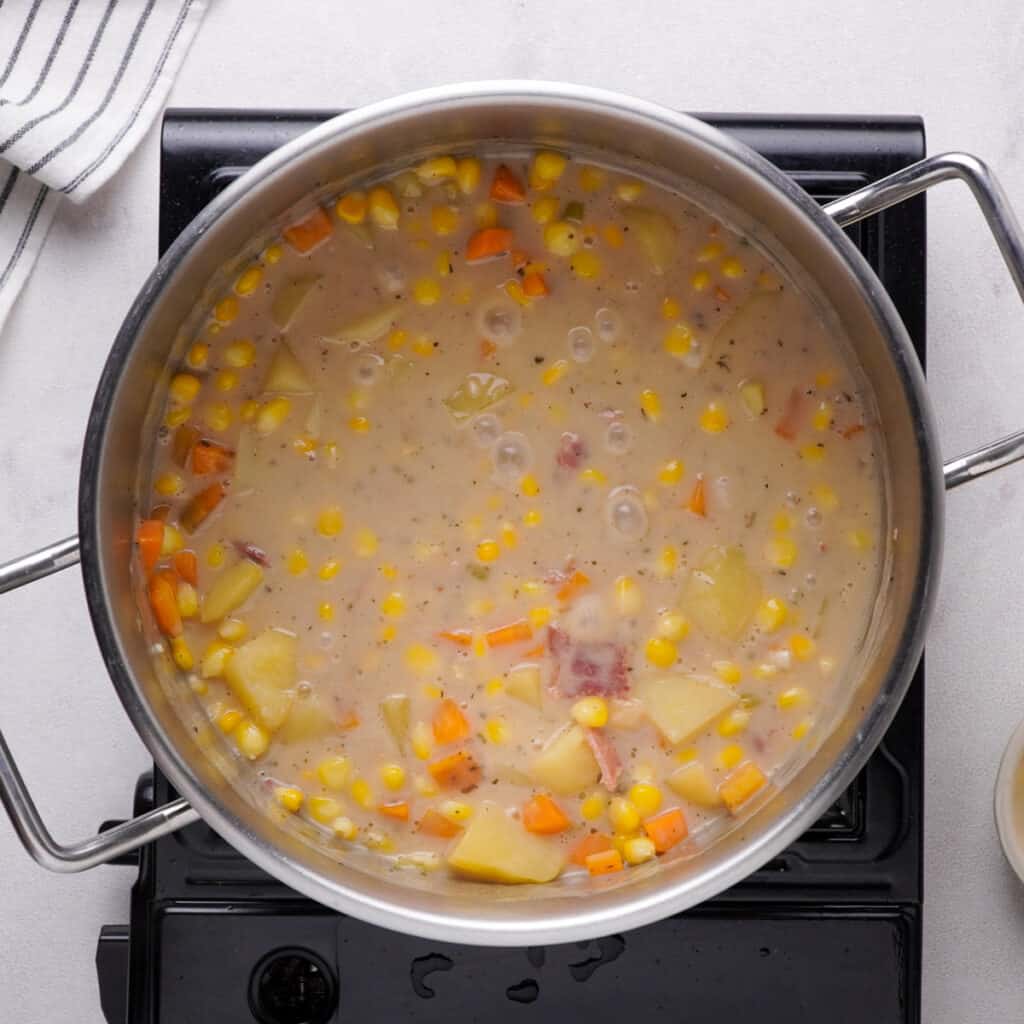 corn chowder in pot