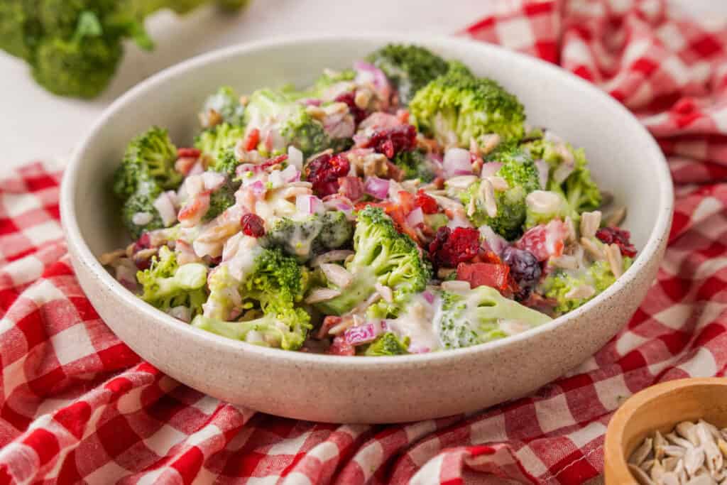 close up of broccoli salad in stone bowl with red gingham napkin