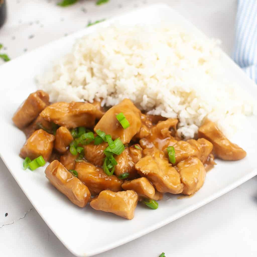 teriyaki chicken and rice on white plate