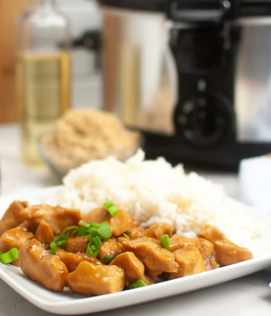 Slow Cooker Teriyaki Chicken with rice on plate