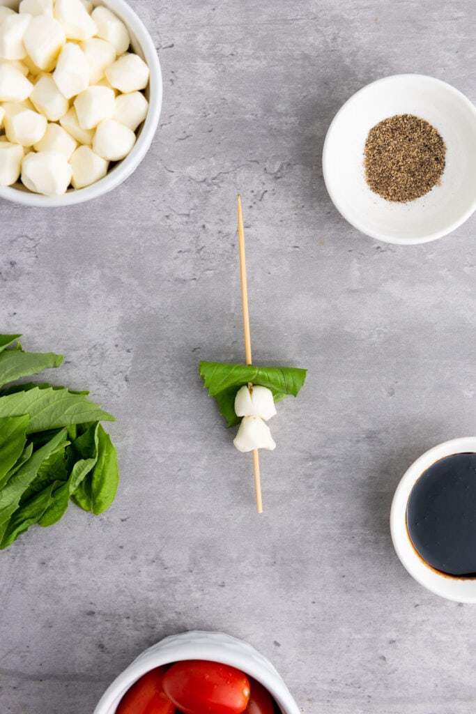 mozzarella and basil on skewer