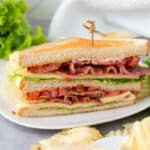 chicken club sandwich on white plate