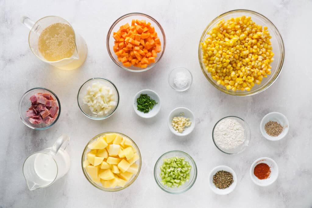 corn chowder ingredients on marble countertop