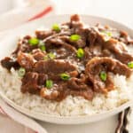 bowl of Mongolian beef and rice with sliced green onion