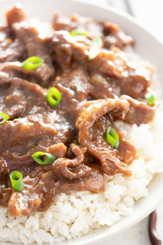 Mongolian beef over rice with green onion slices