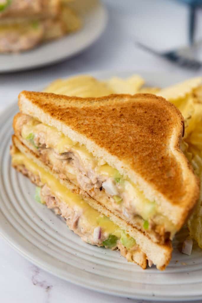 easy tuna melt on plate with chips