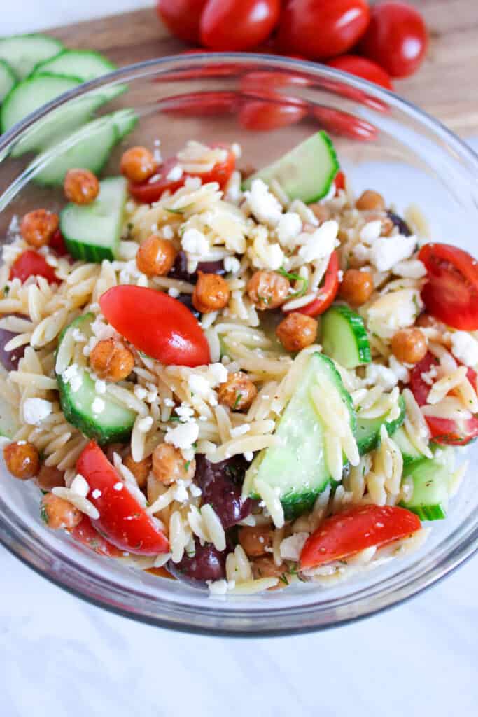 close up of Greek orzo salad