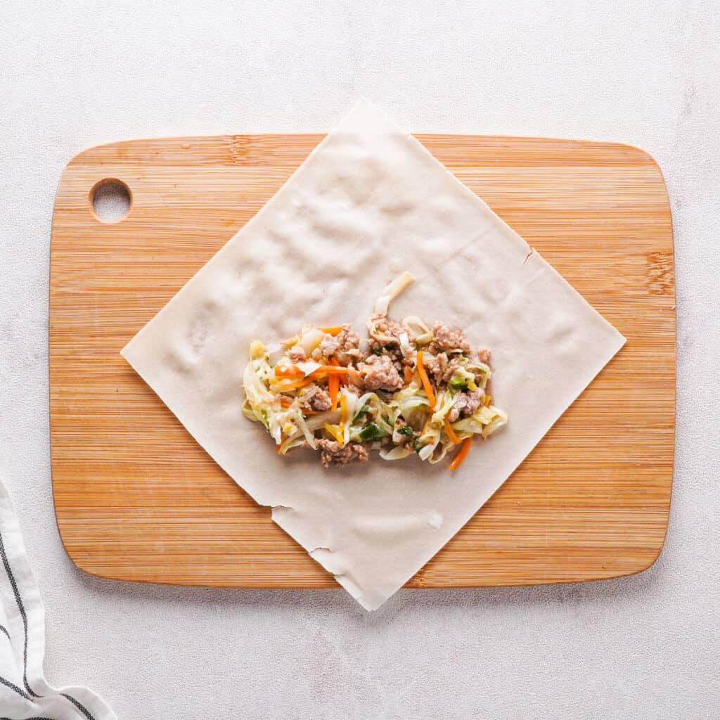 egg roll wrapper with filling on top