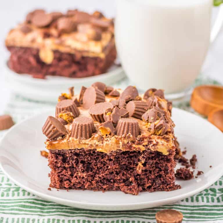 peanut butter poke cake on white plate