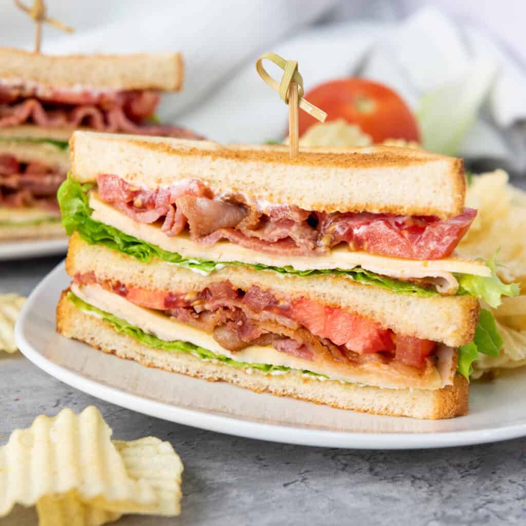 chicken club sandwich on white plate