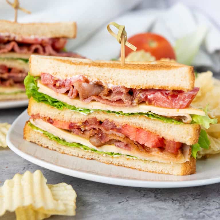 chicken club sandwich on white plate
